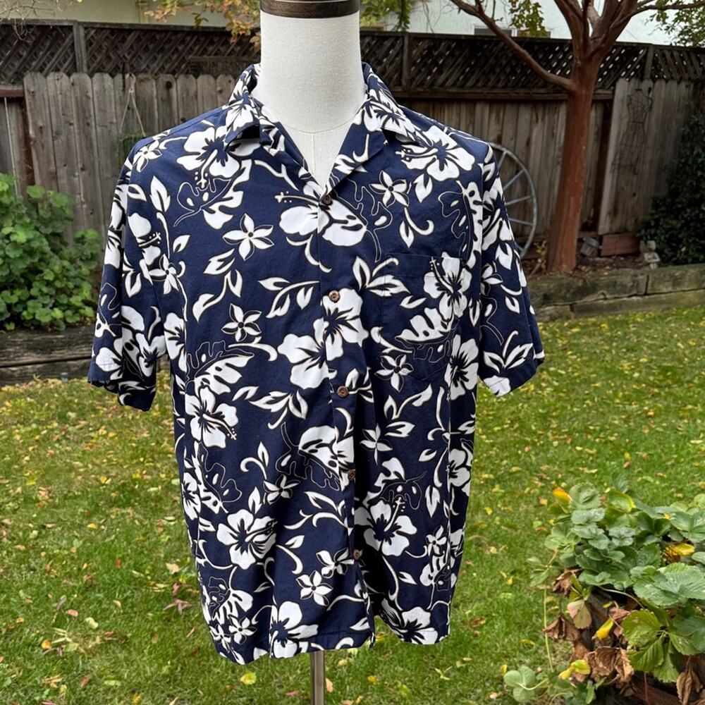 Vtg Hilo Hattie Dark Blue White Hawaiian Shirt Hibiscus Flower Hawaii Men's L